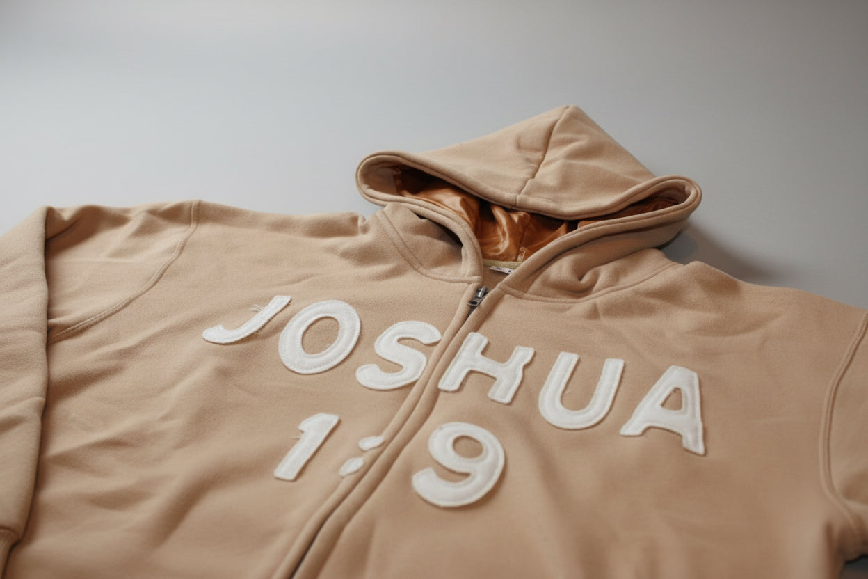 Light brown jacket with embroidered 'JOSHUA 1:9' printed on it