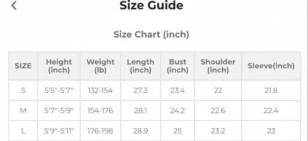 Size chart for jackets measurements in inches