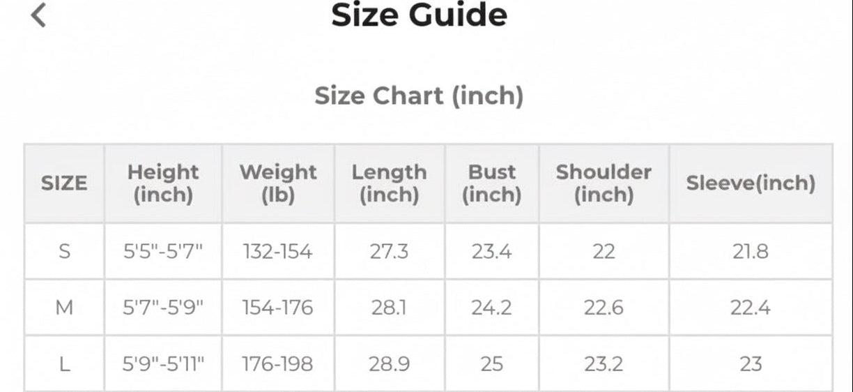 Size chart for jackets measurements in inches